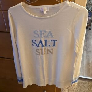 Belle By Kim Gravel White Sweater with Blue and Gray Text